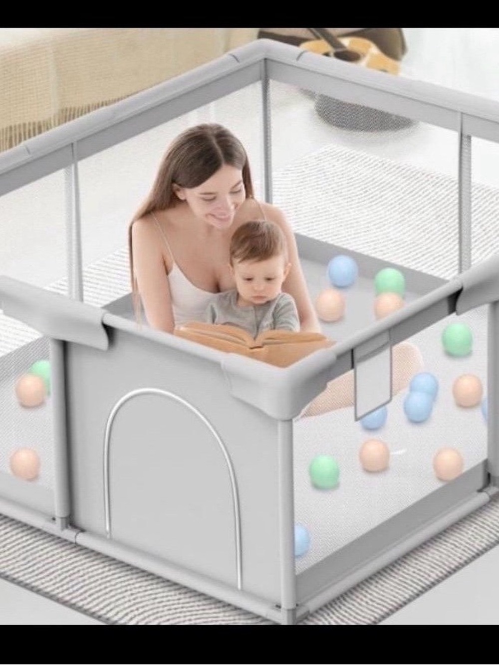 Neutral Gray Playpen with Mesh Panels